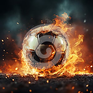 Fiery soccer ball, powerfully kicked, close up action in a stadium