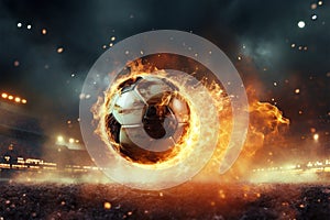 Fiery soccer ball, powerfully kicked, close up action in a stadium photo