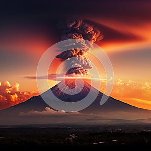 Fiery spectacle Volcano erupting against a stunning sunset backdrop