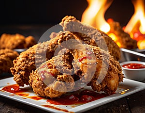 Fiery Spicy Fried Chicken Close-Up Crispy, Saucy, and Irresistible photo