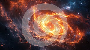 Fiery spiral galaxy swirling in deep space with bright orange cosmic clouds