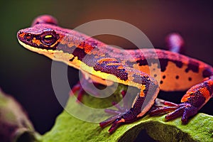 Fiery spotted salamander sits on green stone at dawn.