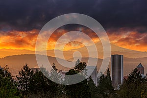 Fiery sunrise over City of Portland and Mt Hood in Oregon