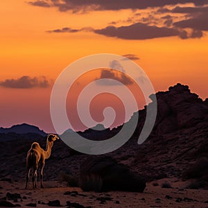 Fiery Sunset Camel Silhouette in Rocky Desert Landscape