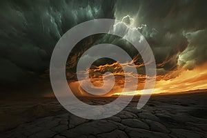 Fiery Sunset, Dark Storm Clouds, Lightning, Cracked Earth
