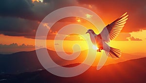 Fiery sunset, dove in flight, dynamic composition , religious, painting, freedom