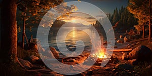 Fiery Sunset Glowing Campfire Illuminates the Lake. Generative AI