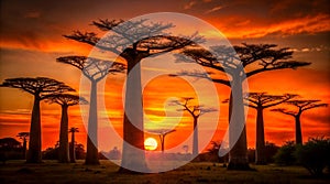Fiery sunset ignites the sky behind majestic baobab silhouettes