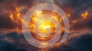 Fiery sunset over dramatic ocean waves