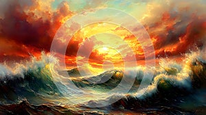 Fiery Sunset Over Dramatic Ocean Waves