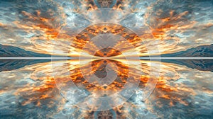 Fiery Sunset Reflection: Symmetrical Cloudscape Over Calm Water