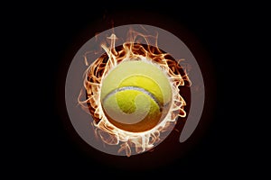 Fiery tennis ball on black background tennis ball on fire photo, representing intensity and passion in sports