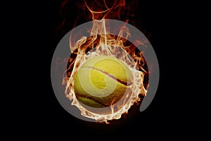 Fiery tennis ball on black background tennis ball on fire photo, representing intensity and passion in sports