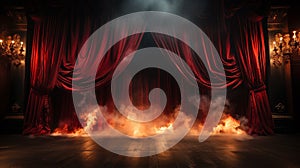 Fiery Theatre Stage with Red Velvet Curtains in Flames. Generative AI