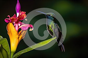 fiery-throated hummingbird, perching on exotic orchid