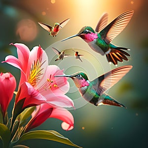 Fiery-throated Hummingbirds Flutter Amidst Pink Blooms in the Beauty of Savegre, Costa Rica. Generative ai for illustrations