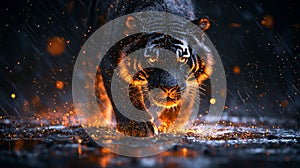 Fiery Tiger in Rain, Dark Forest