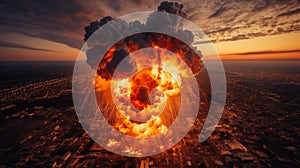Fiery Twilight Detonation: A Captivating Aerial Close-Up of a Massive Explosion