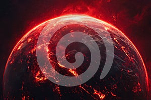 Fiery volcanic planet glowing with intense lava flows and molten surface beneath a glowing red atmosphere in a dramatic space