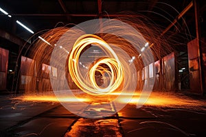 Fiery Vortex: Abstract Fire Tornado in Industrial Warehouse
