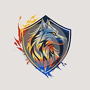 Fiery wolf with shield mascot logo design modern illustration vector