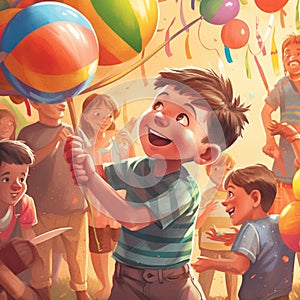 Fiesta Fun: Young Boy Smashing Pinata with Friends Cheering Amidst Colorful Balloons