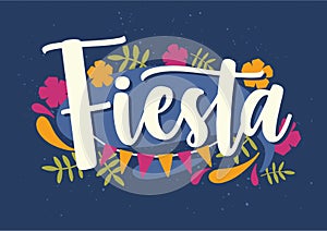 Fiesta lettering handwritten with elegant cursive calligraphic font and decorated with colorful flowers, leaves and flag photo