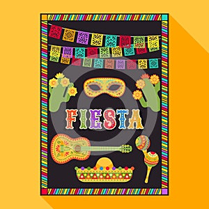 Fiesta postcard, cactus, sombrero, maraca, guitar photo