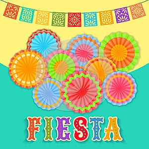 Fiesta postcard, paper fans, lace, decorative text photo