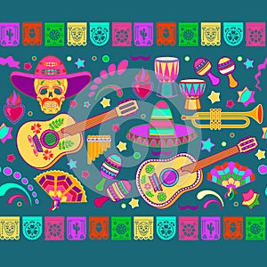 Slavnost bezešvý vzor. mexičan dovolená hudba barvitý symboly. vektor ilustrace 