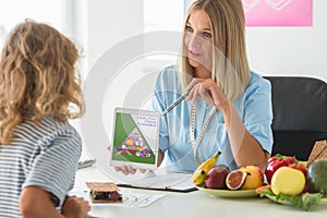 Fietitian explaining the basics of healthy nutrition to a young boy