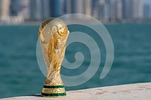 FIFA World Cup Trophy on the Doha corniche, Qatar.
