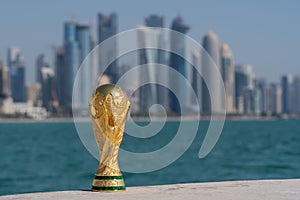 FIFA World Cup Trophy on the Doha corniche, Qatar.