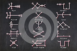 The Fifteen Behenian Stars glyphs used in Astrology an magic drawn on a blackboard