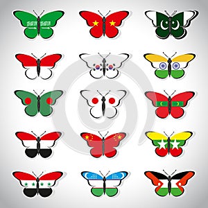 Fifteen butterflies with flags of Asian countries