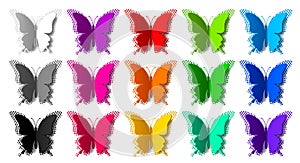 Fifteen colored butterflies with radial halftone and shadows
