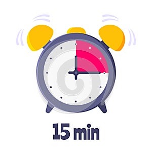 Fifteen minutes on analog clock face flat style design vector illustration icon sign.