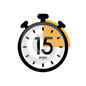 fifteen minutes stopwatch icon, timer symbol, cooking time, cosmetic or chemical application time, 15 min waiting time