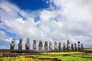 Fifteen moai standing at Ahu Tongariki, Easter Island, Chile