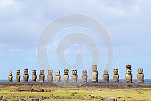 The  fifteen moais of Ahu Tongariki on the south coast of Easter Island, Chile - April, 2018