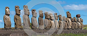 Fifteen restored moai at Ahu Tongariki on Easter Island, Chile
