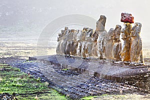 Fifteen standing moais at sunrise in Easter Island