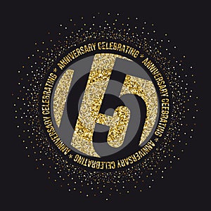 Fifteen years anniversary celebration golden logotype. 15th anniversary gold logo.