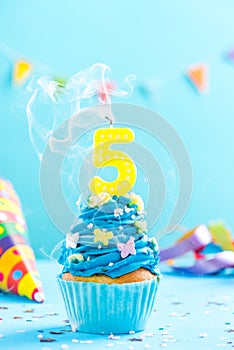 Fifth 5th birthday cupcake with candle blow out.Card mockup.