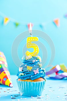 Fifth 5th birthday cupcake with candle. Card mockup.