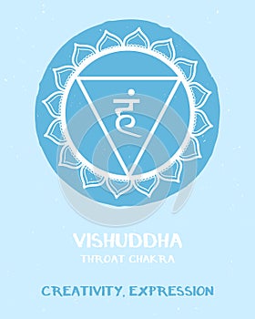 Fifth chakra with description. Vishuddha mandala on textured background. Pastel colours