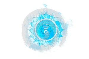 Fifth chakra of Visuddha, Throat chakra logo template in watercolor style. Blue mandala. Hindu Sanskrit seed mantra Vam, symbol photo