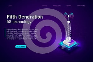 Fifth generation of internet, 5g wireless network technology. Internet evolution isometric neon styled illustration