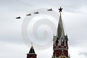 Fifth-generation Russian multi-purpose fighters Su-57 during the air parade dedicated to the 75th anniversary of the Victory fly i