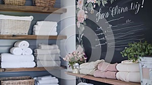 In the fifth image we see a laundry room with a farmhouseinspired design. The chalkboard wall in this space serves as a photo